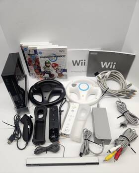 Nintendo 045496880484 Wii Mario Kart Black Console Bundle W 2 Remotes Wheels 4 Games Boxed