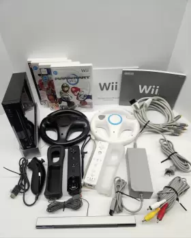 Nintendo 045496880484 Wii Mario Kart Black Console Bundle W 2 Remotes Wheels 4 Games Boxed