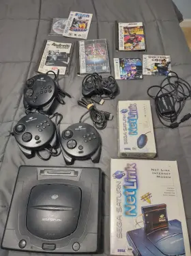 Hst0021 Sega Saturn Lot - Console Netlink Modem Mouse More Black As Is