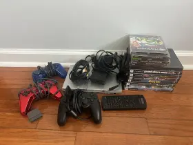 Scph77001 Sony Playstation 2 Ps2 Slim Silver Console Bundle With Cords And Games