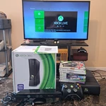 Microsoft Xbox 360 Slim Console Bundle Kinect Sensor, Controller, 9 Games Used. Price: $129.99.