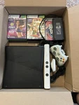 Microsoft Xbox 360 Slim (1439), Controller, Games, Kinect, And Cables Tested Used. Price: $124.99.